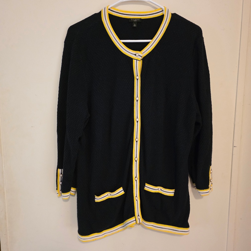 Talbots Womens Old Money Navy Blue Cardigan Petite Large Pearl Button Knit Long